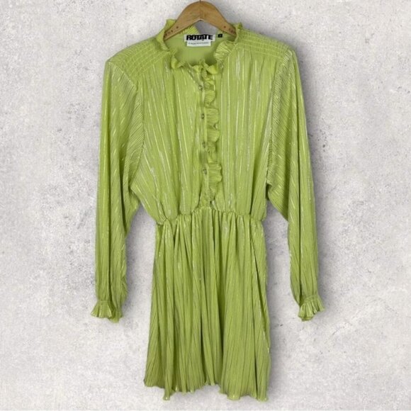 NEW Rotate Birger Christensen Sunny Lime Green Ivy Pleated Mini Dress Size 8 New - Picture 2 of 15